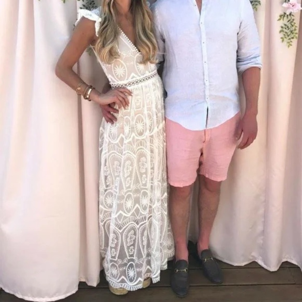 Lace White Maxi Deep V Neck Bodysuit Lace Dress S - Picture 11 of 11